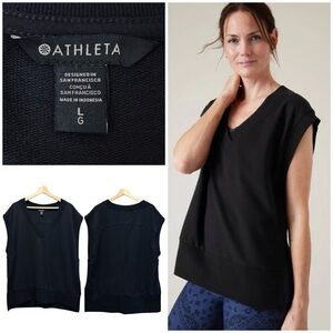 Athleta Retroterry V Neck Sweatshirt Tee Capped Short Sleeve Pullover Vest Black